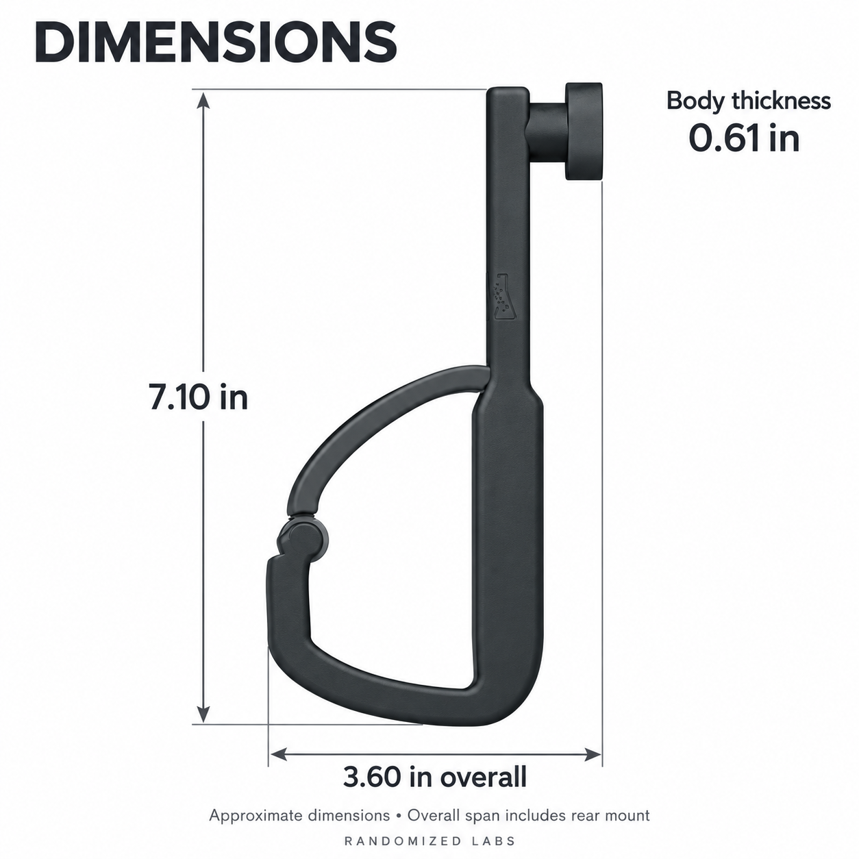 J-Hook approximate dimensions: 7.10 inches tall, 3.60 inches overall span, 0.61 inch body thickness