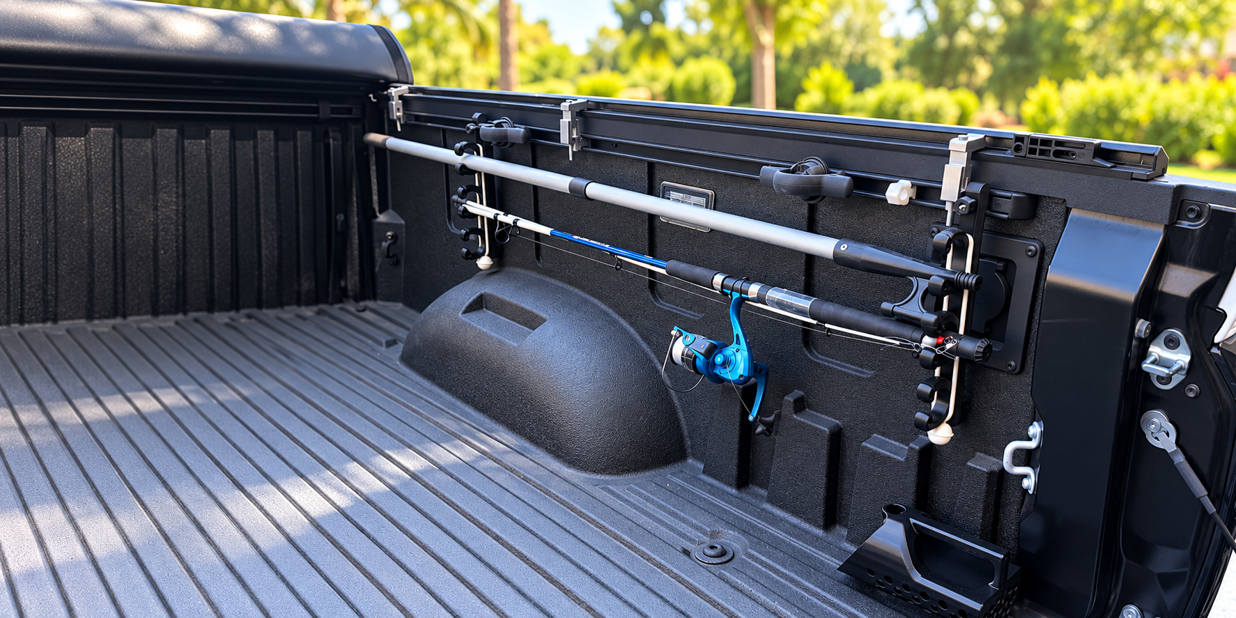 Two Fishing Pole Holders supporting rods along a Toyota truck bed rail; two holders shown
