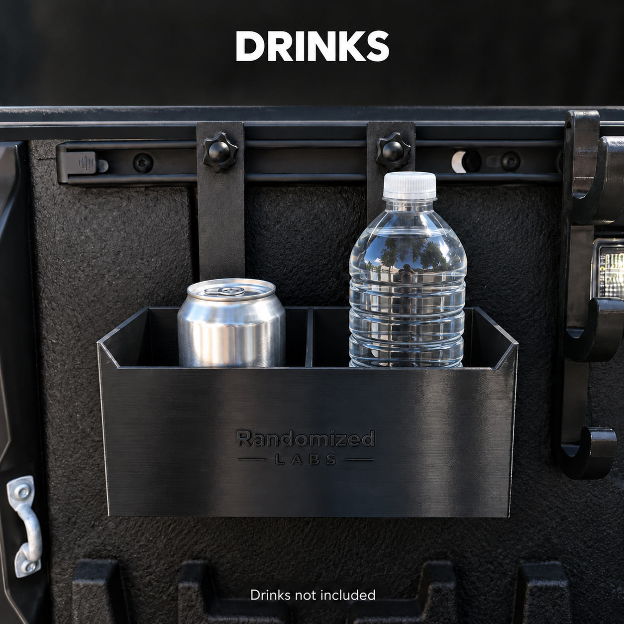 Organizer Box holding a can and water bottle; drinks not included