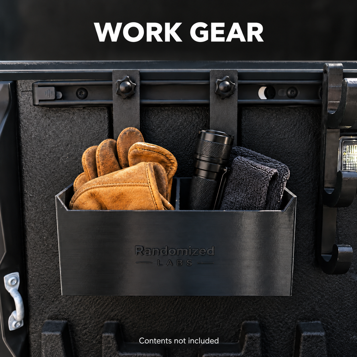 Rail-mounted Organizer Box holding work gloves, a flashlight and a cloth; contents not included