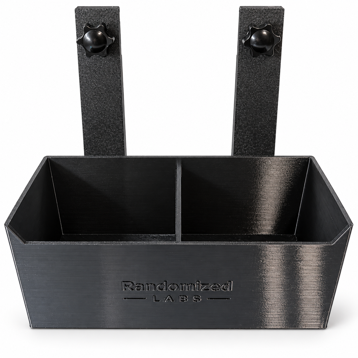Black divided Bed Rail Organizer Box with two attached mounting arms and star knobs