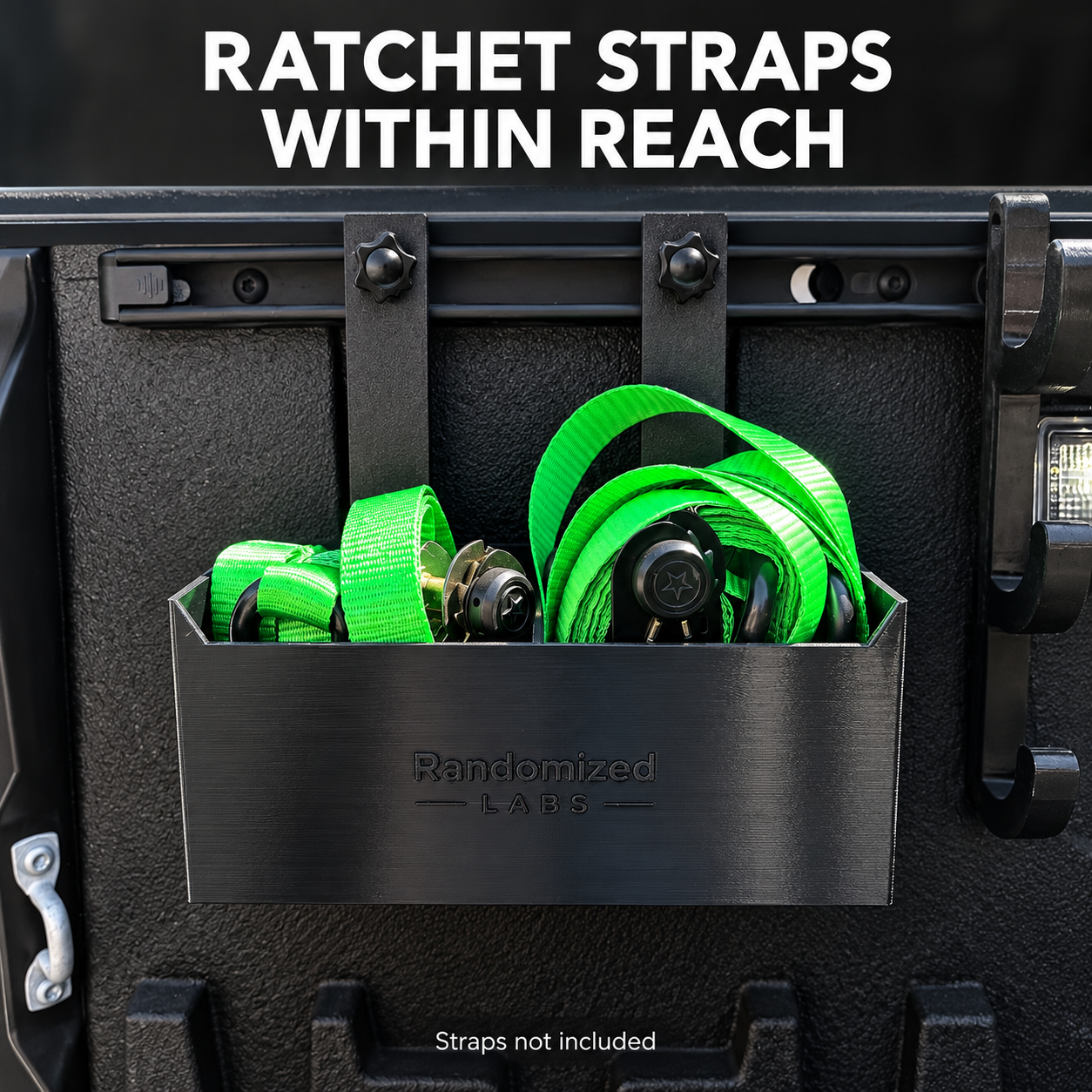 Organizer Box holding green ratchet straps; straps not included