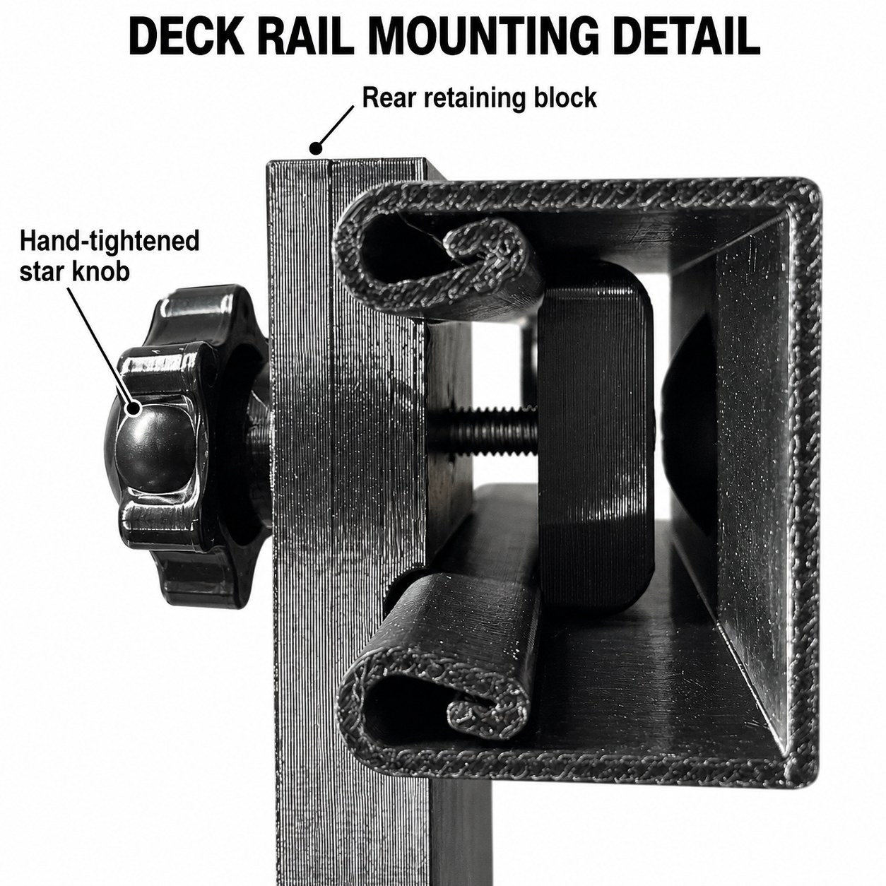 Organizer Box mounting assembly close-up showing the hand-tightened star knob and rear retaining block